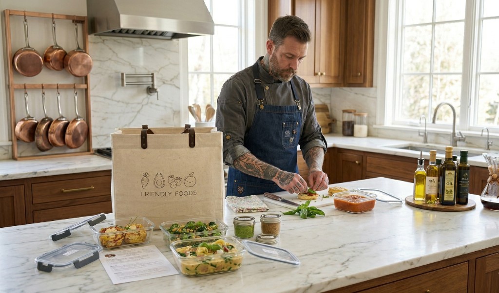 Chef plating dinner in a home kitchen